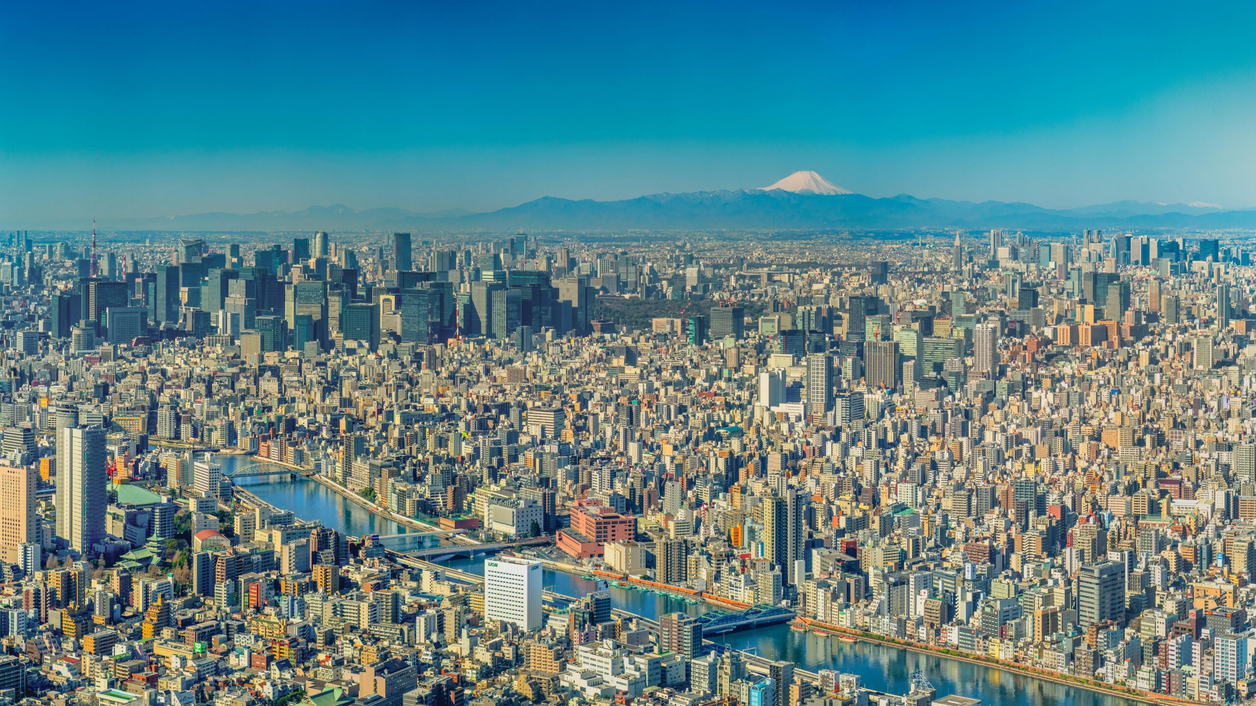 Vista da Tokyo Skytree, onde se pode ver o Monte Fuji, do Rio Sumida e de parte da cidade de Tóquio.